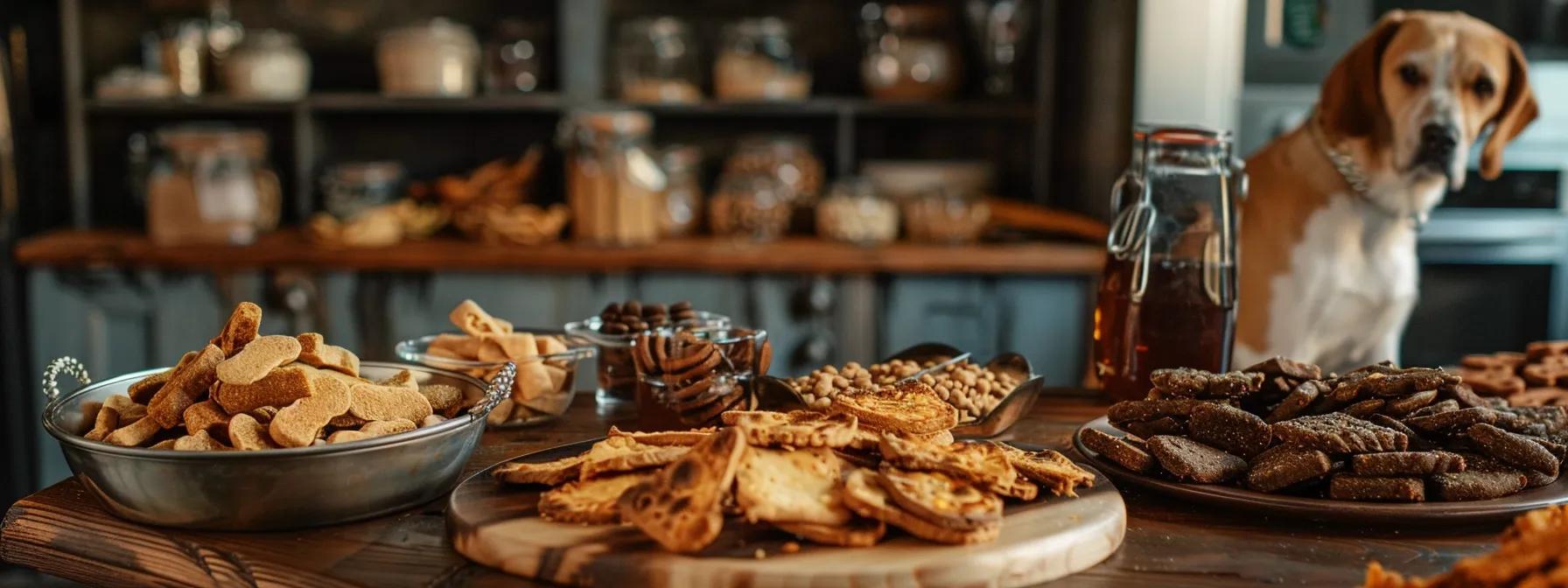 a vivid and focused display of dog treats, prominently showcasing various rawhide chews on an elegant wooden table in a modern kitchen, highlighting contrasting textures and colors to emphasize quality differences and potential hazards.
