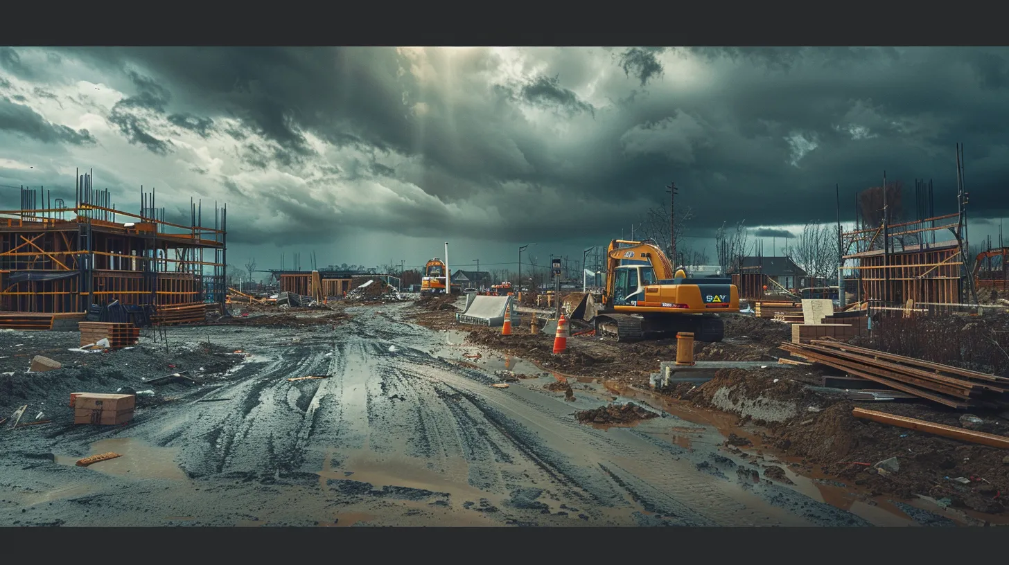 a vivid scene of a construction site under ominous gray skies, showcasing halted machinery and scattered building materials, reflecting the impact of weather-related delays and supply chain issues on the home-building process. a vivid scene of a construction site under ominous gray skies, showcasing halted machinery and scattered building materials, reflecting the impact of weather-related delays and supply chain issues on the home-building process.