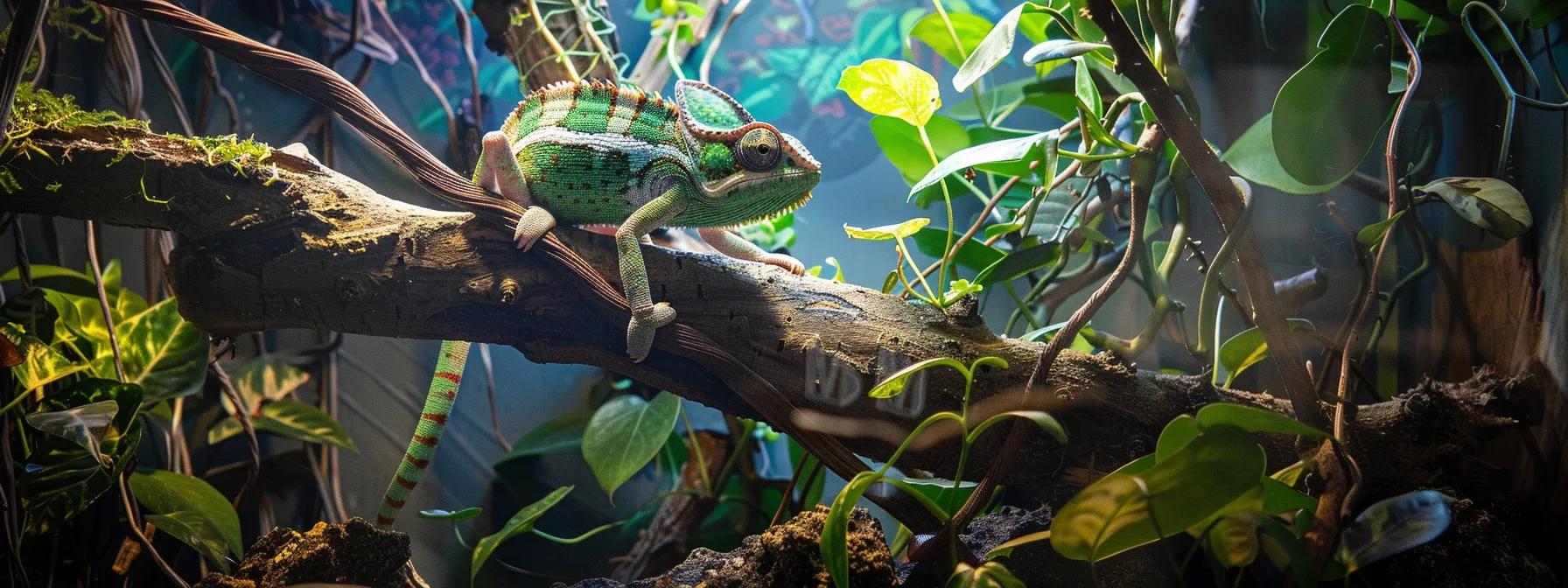 a vividly detailed modern vivarium showcasing a veiled chameleon amidst structured climbing branches, highlighted by controlled uvb lighting and humidity indicators, emphasizes the intricate relationship between habitat design and dietary health.