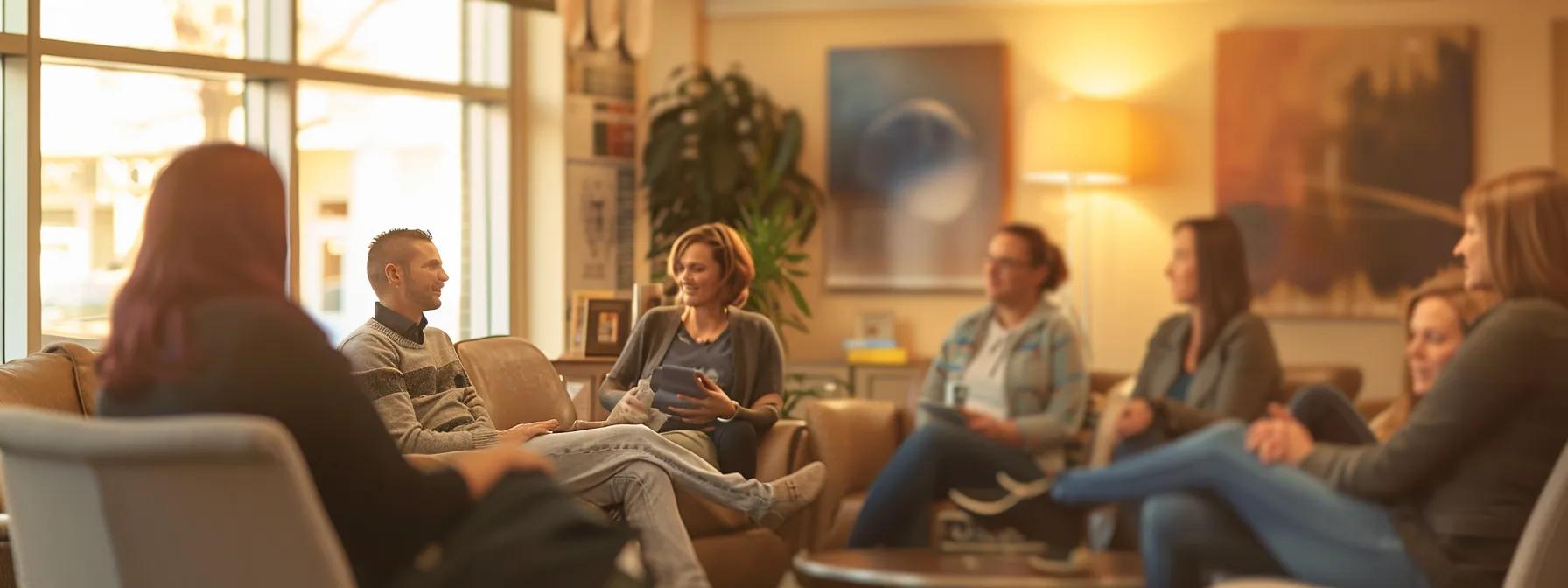 a warm and inviting group therapy session in a modern massachusetts treatment center, featuring individuals engaged in supportive conversation, surrounded by comforting decor and soft lighting that reflects a compassionate atmosphere for recovery.