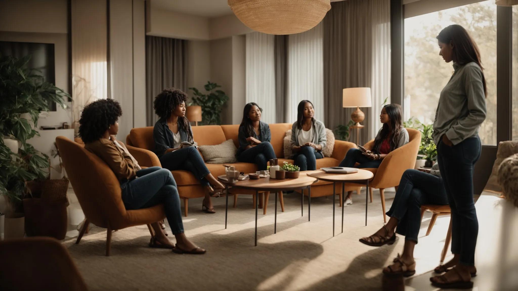 a warm and inviting support group setting, featuring diverse individuals engaged in an open and heartfelt discussion, with soft lighting that enhances feelings of comfort and connection.