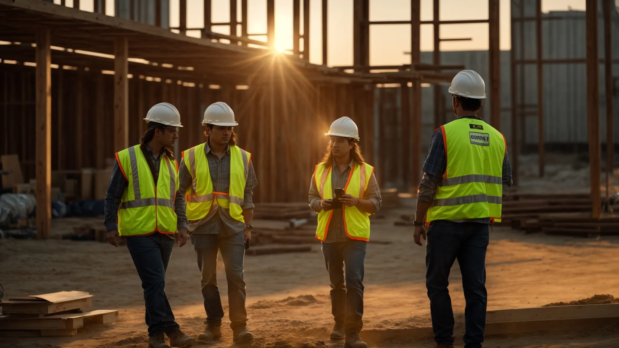 a warm, inviting construction site at sunset showcases a collaborative meeting between a general contractor and clients, highlighting the essence of trust and partnership in their successful relationship. a warm, inviting construction site at sunset showcases a collaborative meeting between a general contractor and clients, highlighting the essence of trust and partnership in their successful relationship.