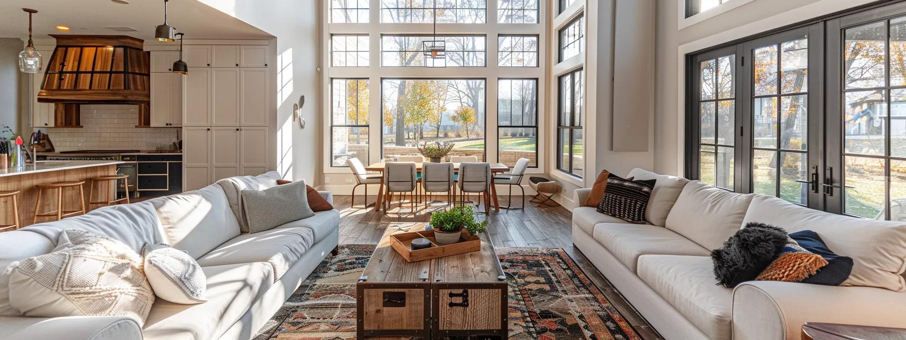 a warm, inviting interior of a roswell home highlights newly installed wallaby windows, showcasing a cozy atmosphere with homeowners enthusiastically discussing their positive experiences and the substantial energy savings they've achieved.