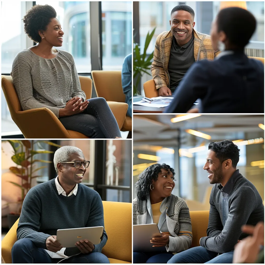 a warm, inviting support group meeting in a modern, well-lit office space, featuring diverse individuals engaged in meaningful conversation, embodying the power of connection and transformation.