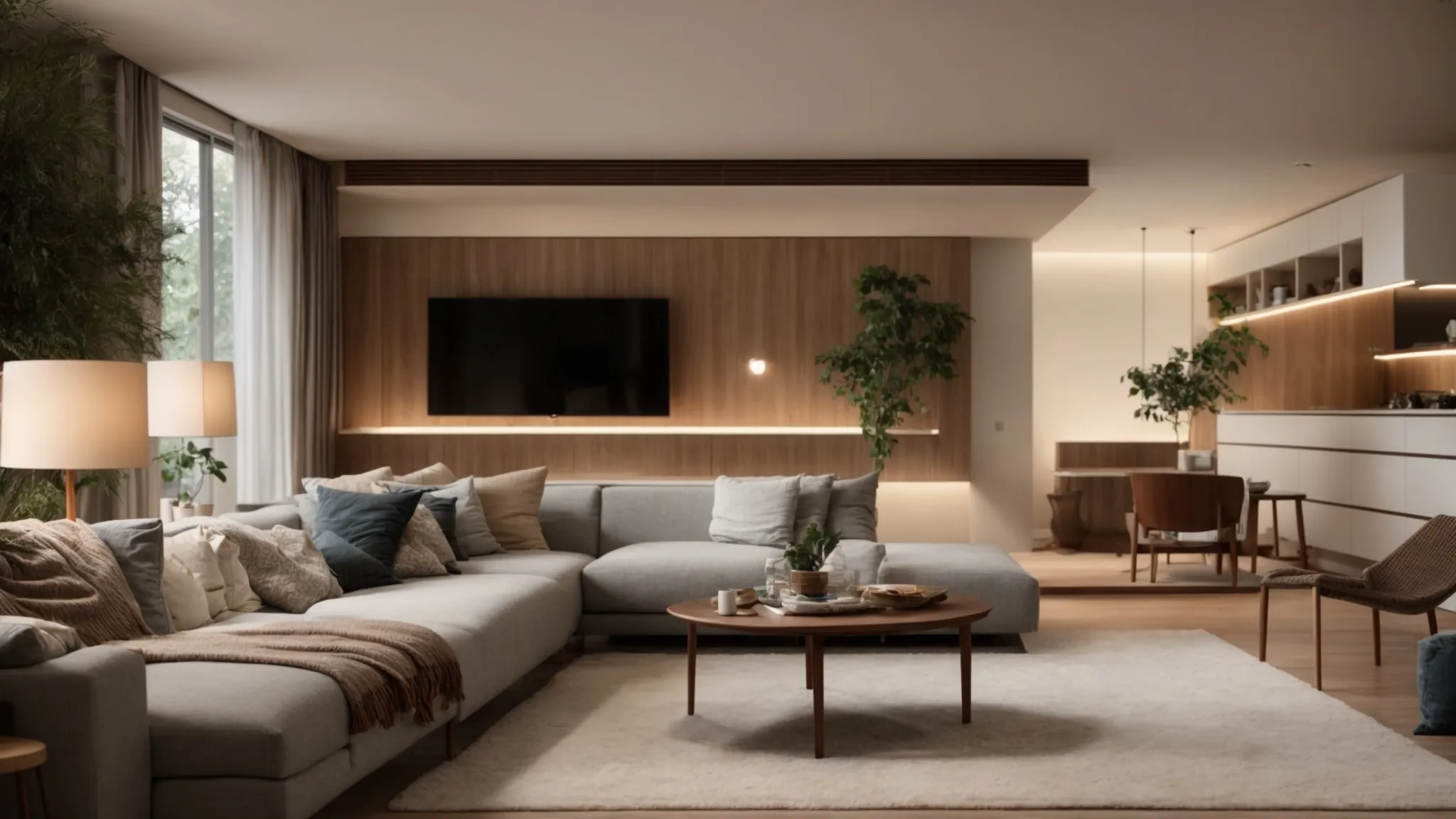 a warmly lit, inviting living space with adaptable furniture showcases a cozy, multifunctional area that seamlessly blends relaxation and entertainment, embodying the essence of comfort and livability. a warmly lit, inviting living space with adaptable furniture showcases a cozy, multifunctional area that seamlessly blends relaxation and entertainment, embodying the essence of comfort and livability.