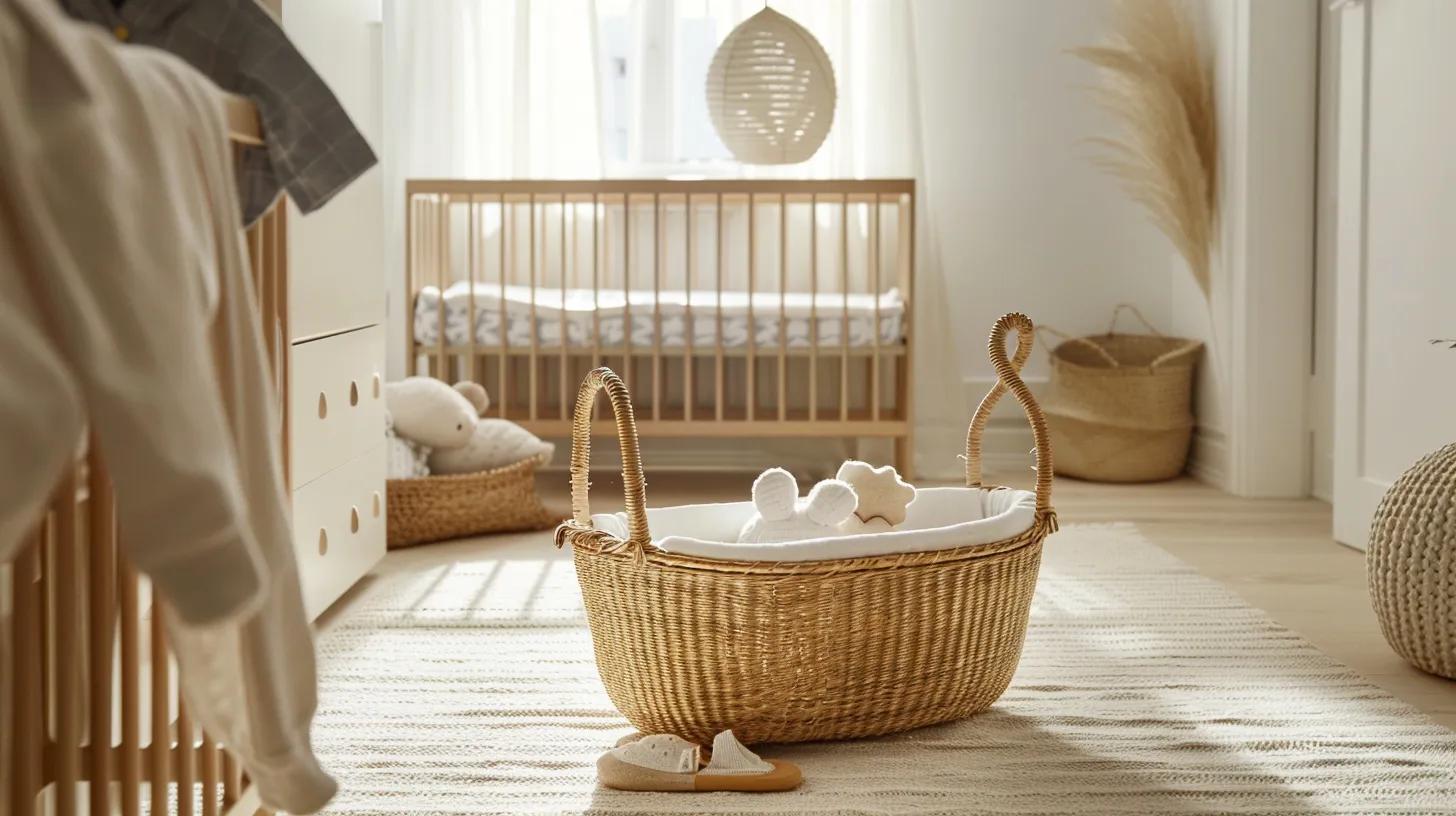 a warmly lit, modern nursery features a stylish moses basket prominently displayed on a soft rug, surrounded by sleek baby accessories and a contemporary crib in the background, highlighting the basket's compact and portable design.