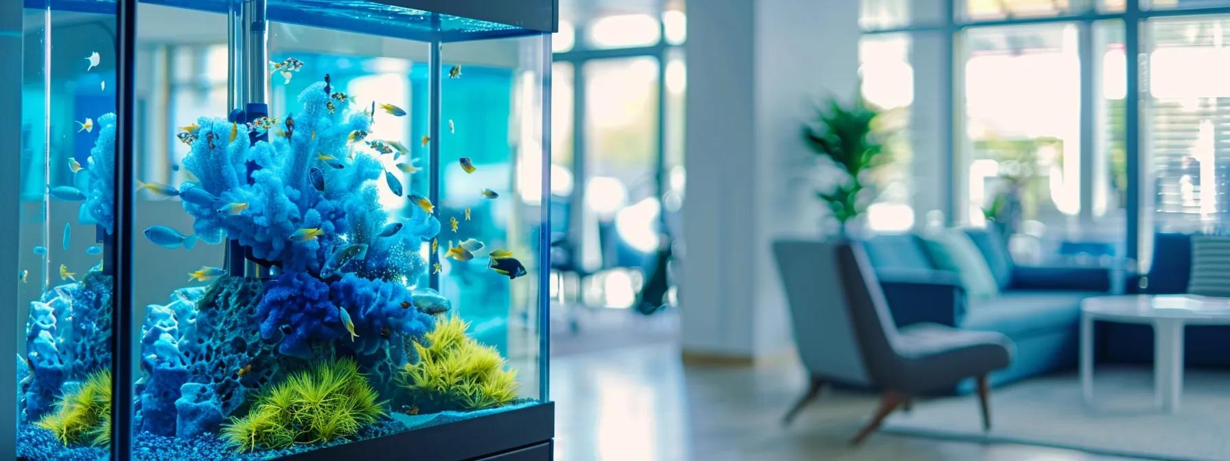 a well-designed modern office space showcases a gleaming 40-gallon fish tank with a robust, stylish stand, highlighting the harmonious blend of sleek aesthetics and functional design in an inviting indoor environment.