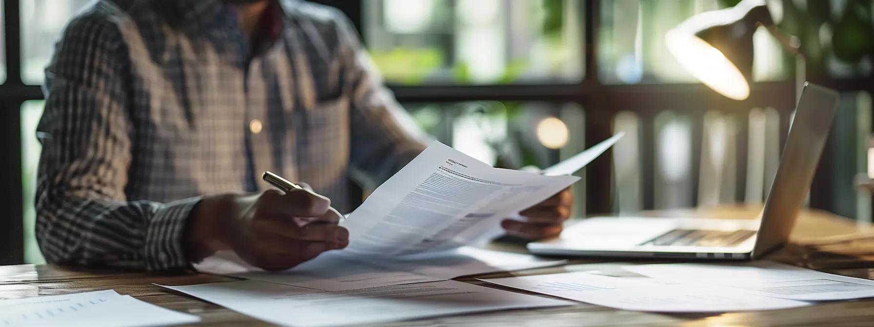 a well-organized office desk displays an open life insurance policy alongside a laptop, paperwork, and a thoughtful individual reviewing their coverage, illuminated by soft, focused desk lighting.