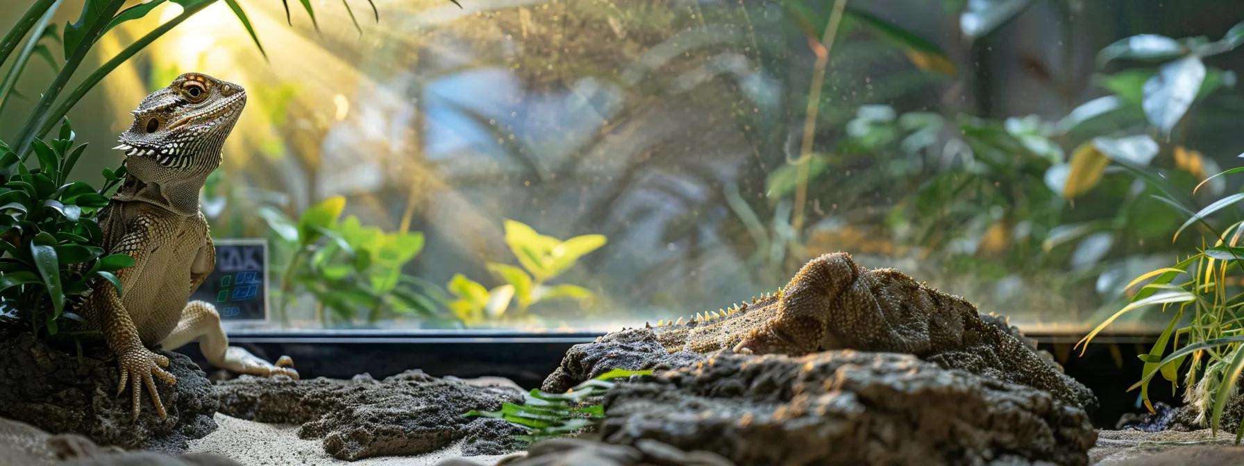 a well-lit, modern reptile care facility showcases a bearded dragon in a meticulously designed terrarium, with a digital humidity gauge prominently displayed and vibrant indoor vegetation to illustrate the optimal environment for shedding and respiratory health. a well-lit, modern reptile care facility showcases a bearded dragon in a meticulously designed terrarium, with a digital humidity gauge prominently displayed and vibrant indoor vegetation to illustrate the optimal environment for shedding and respiratory health.