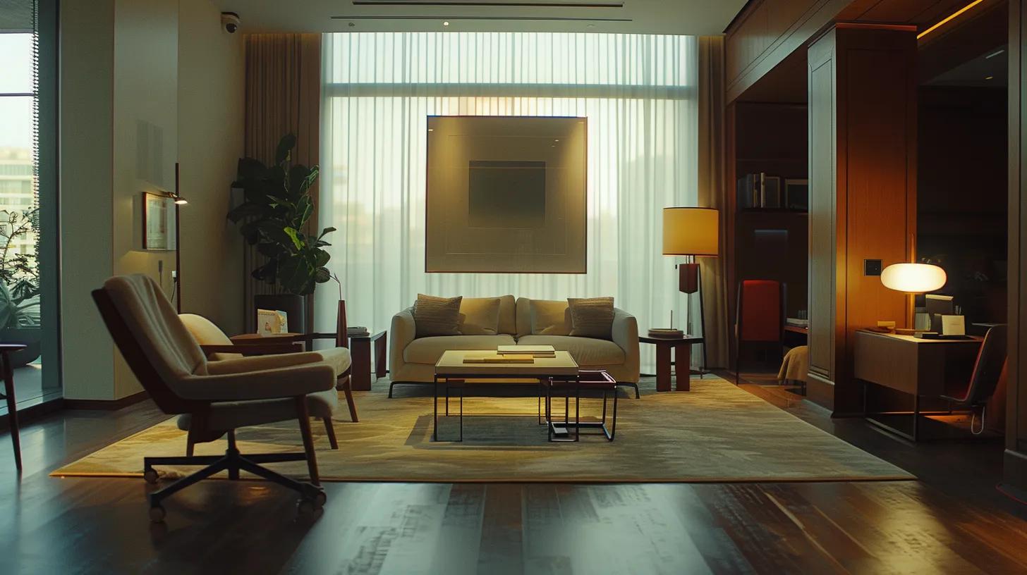 a well-organized, modern office space with sleek furniture, bright ambient lighting, and minimal clutter, showcasing the calming effect of cleanliness on mental well-being.