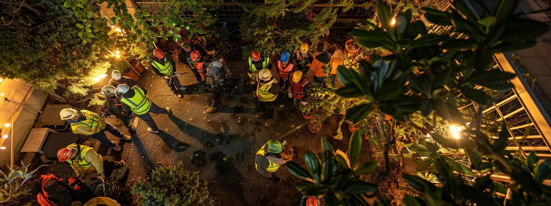 a well-organized urban tree care workshop, featuring professionals in protective gear demonstrating advanced tree maintenance techniques amidst an array of tools and equipment, all set under bright, artificial lighting to emphasize their focused work on promoting tree health and vitality.