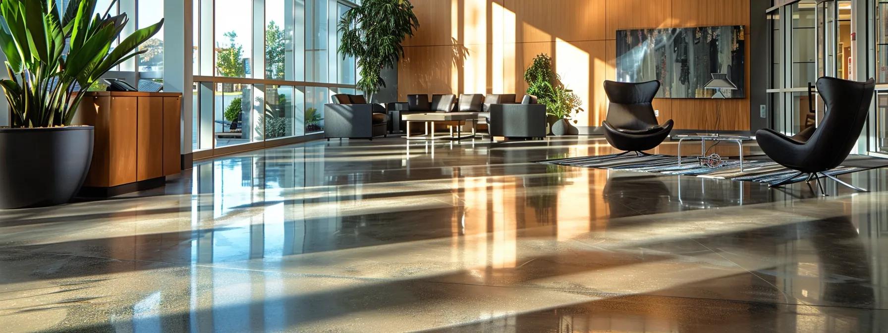 a well-lit, modern sacramento office showcasing a sleek stained concrete floor, highlighting the intricate patterns and colors expertly applied by skilled professionals, reflects both artistry and durability in a dynamic urban setting.