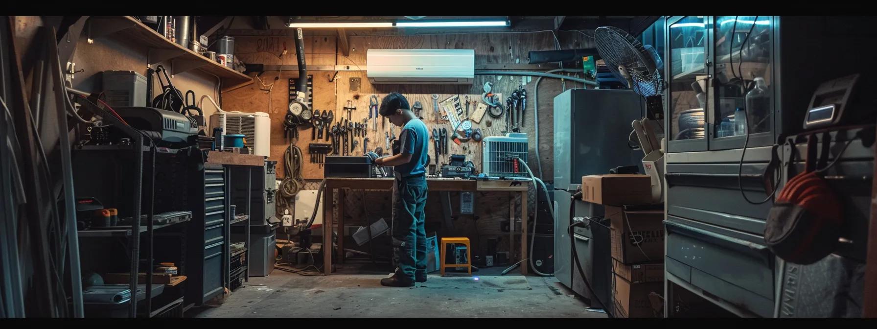 a well-lit, organized hvac maintenance workshop features a technician inspecting a modern air conditioning unit with essential tools and seasonal maintenance checklists visible on a nearby workbench.