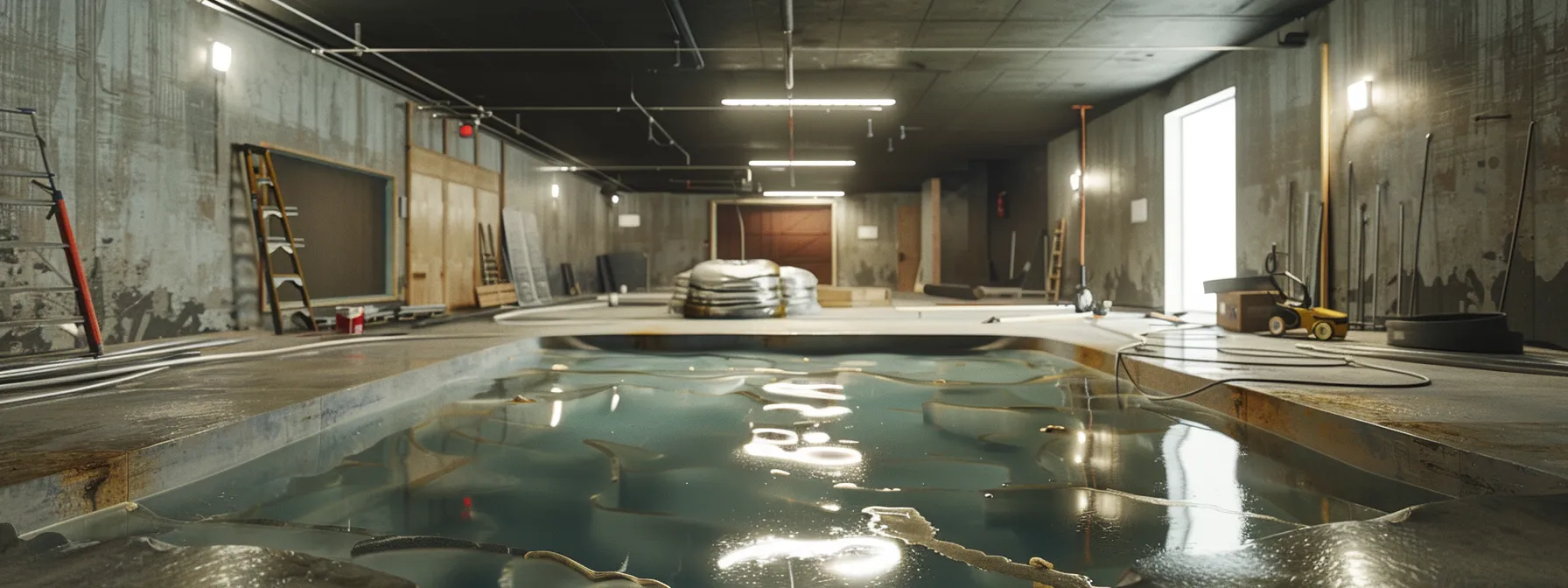a well-lit basement showcases the waterproofing process with exposed concrete walls and flooring, highlighting a contractor applying waterproofing membranes, sealing cracks with hydraulic cement, and installing a french drain, all within a clean, professional workspace. a well-lit basement showcases the waterproofing process with exposed concrete walls and flooring, highlighting a contractor applying waterproofing membranes, sealing cracks with hydraulic cement, and installing a french drain, all within a clean, professional workspace.