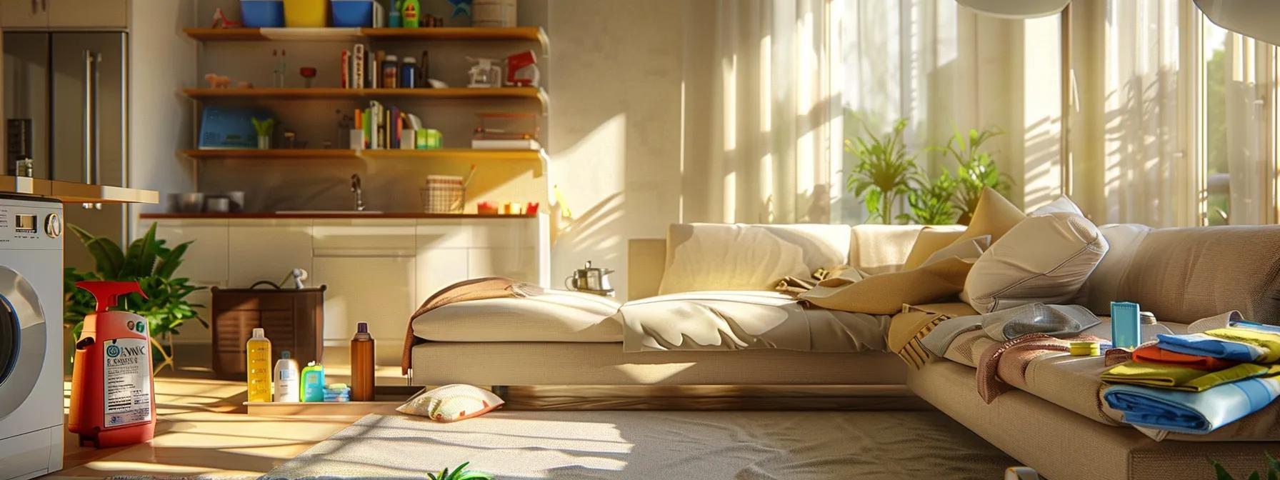 a well-lit, modern houston living room showcases a worn, stained sofa with visible pet stains, surrounded by an array of professional cleaning supplies and equipment, highlighting the challenge of deep-cleaning upholstery in an urban environment.