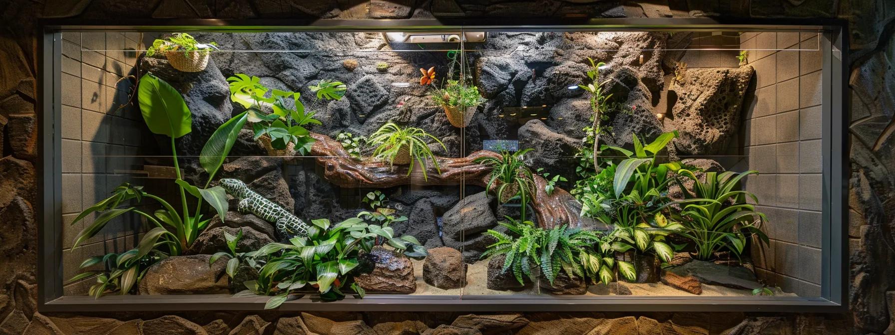 a well-designed reptile enclosure showcases vibrant, realistic decor elements like textured rocks, logs, and lush artificial plants, all arranged thoughtfully against a sleek glass backdrop illuminated by soft, ambient lighting. a well-designed reptile enclosure showcases vibrant, realistic decor elements like textured rocks, logs, and lush artificial plants, all arranged thoughtfully against a sleek glass backdrop illuminated by soft, ambient lighting.