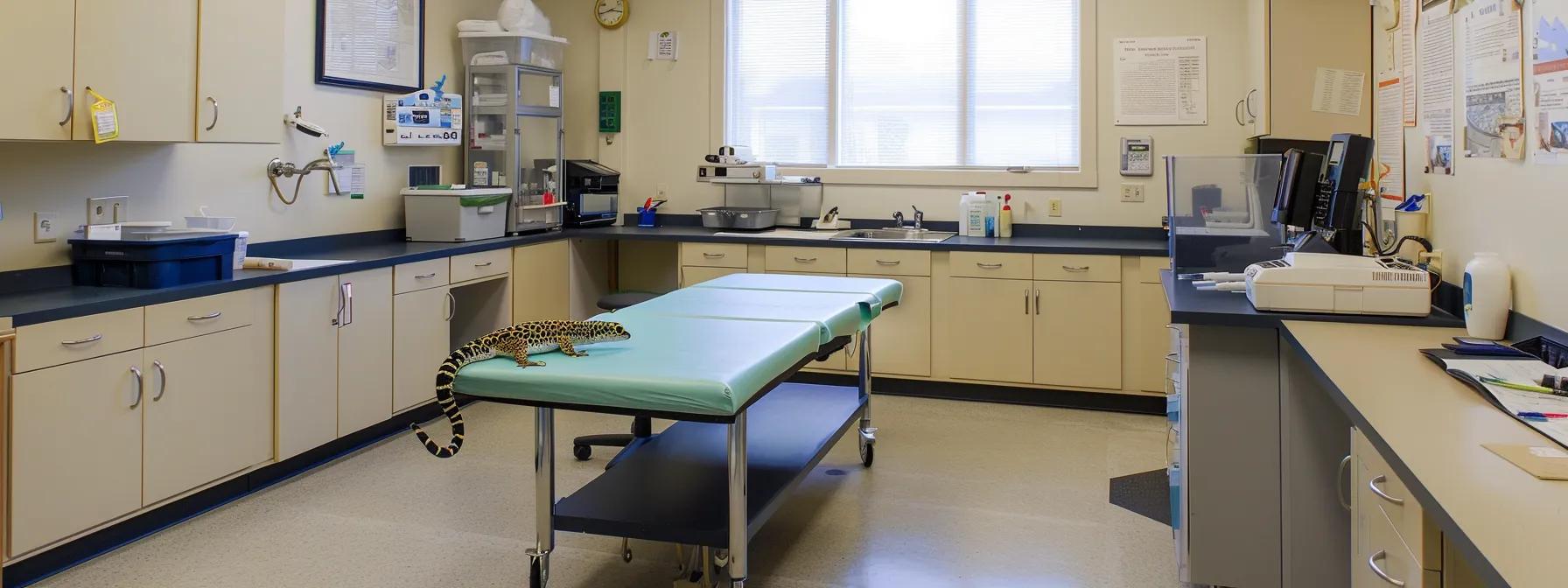 a well-organized veterinary clinic examination room features a leopard gecko on a sleek, clean examination table, surrounded by medical equipment and informational charts on reptile care, highlighting the focus on specialized treatment options for reptile health issues. a well-organized veterinary clinic examination room features a leopard gecko on a sleek, clean examination table, surrounded by medical equipment and informational charts on reptile care, highlighting the focus on specialized treatment options for reptile health issues.