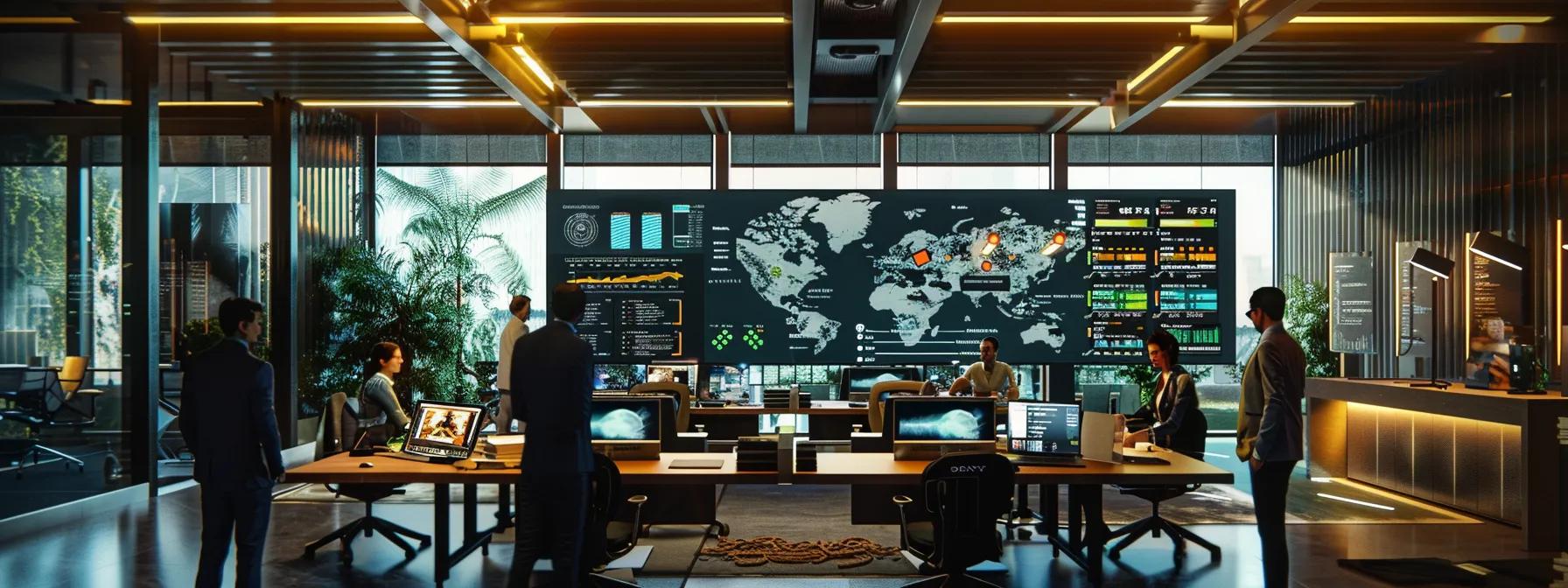 a well-organized, modern office setting showcasing a diverse group of professionals engaged in a lively discussion over rafting safety protocols, with a large screen displaying infographic visuals on safety measures and trip planning.