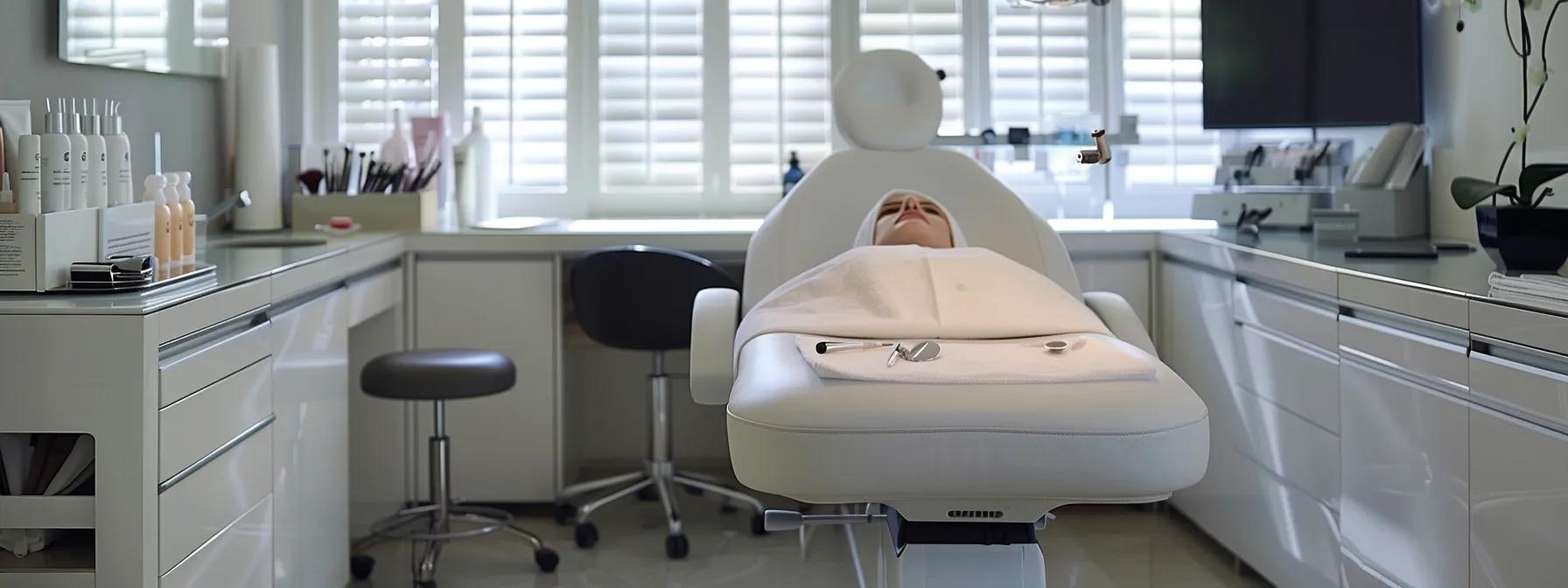 a well-lit, modern beauty salon showcases a trained professional expertly performing a lash lift on a client, emphasizing a clean and safe environment with professional tools neatly arranged nearby.