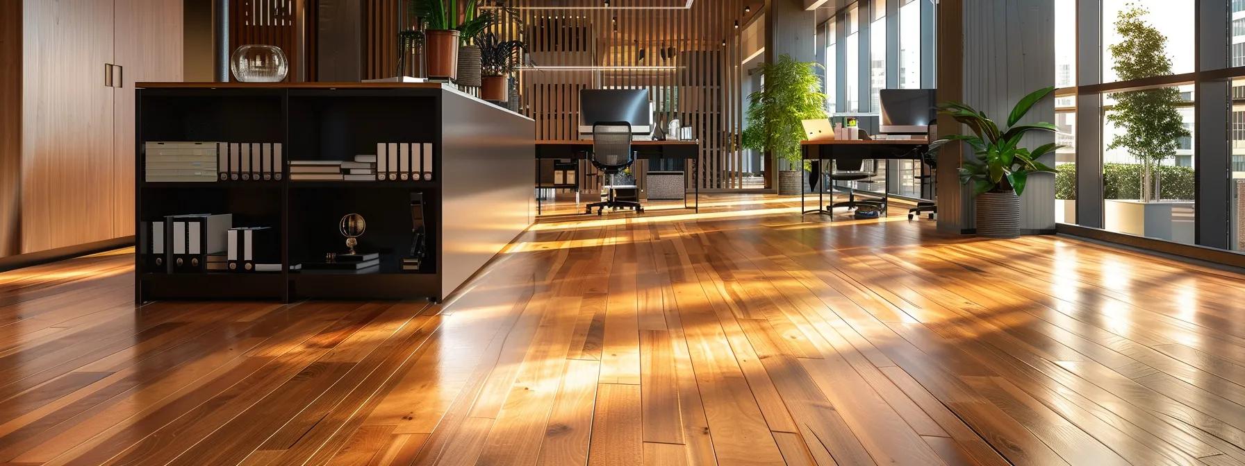 a well-organized modern office space features polished hardwood floors gleaming under warm ambient lighting, with cleaning supplies and maintenance tools artfully arranged nearby, symbolizing the importance of seasonal and long-term floor care. a well-organized modern office space features polished hardwood floors gleaming under warm ambient lighting, with cleaning supplies and maintenance tools artfully arranged nearby, symbolizing the importance of seasonal and long-term floor care.