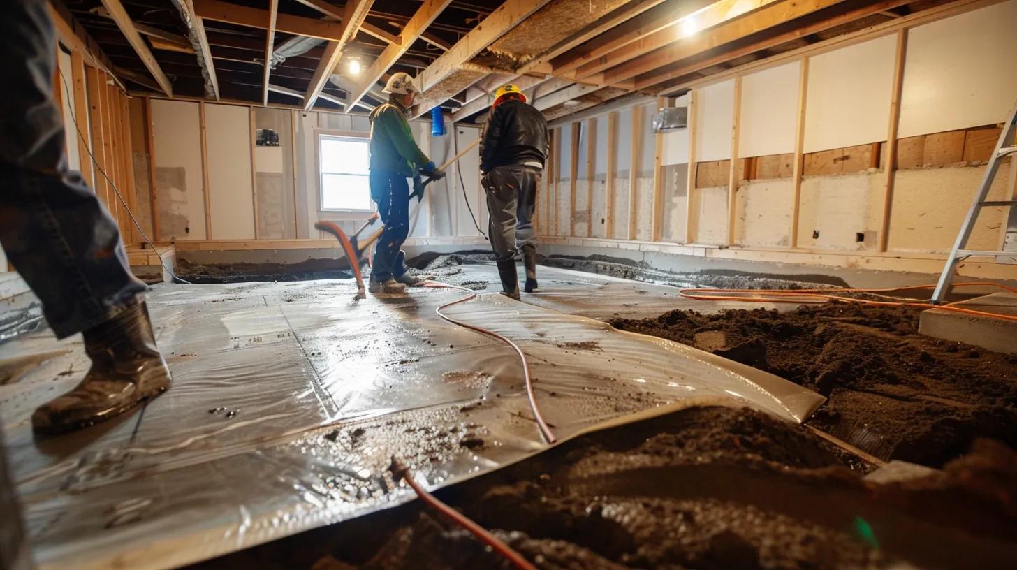 a well-lit residential basement showcases a contractor in safety gear meticulously applying waterproofing membranes to exposed concrete walls, while a french drain is installed along the perimeter, emphasizing the importance of addressing signs of moisture and preventing leaks. a well-lit residential basement showcases a contractor in safety gear meticulously applying waterproofing membranes to exposed concrete walls, while a french drain is installed along the perimeter, emphasizing the importance of addressing signs of moisture and preventing leaks.