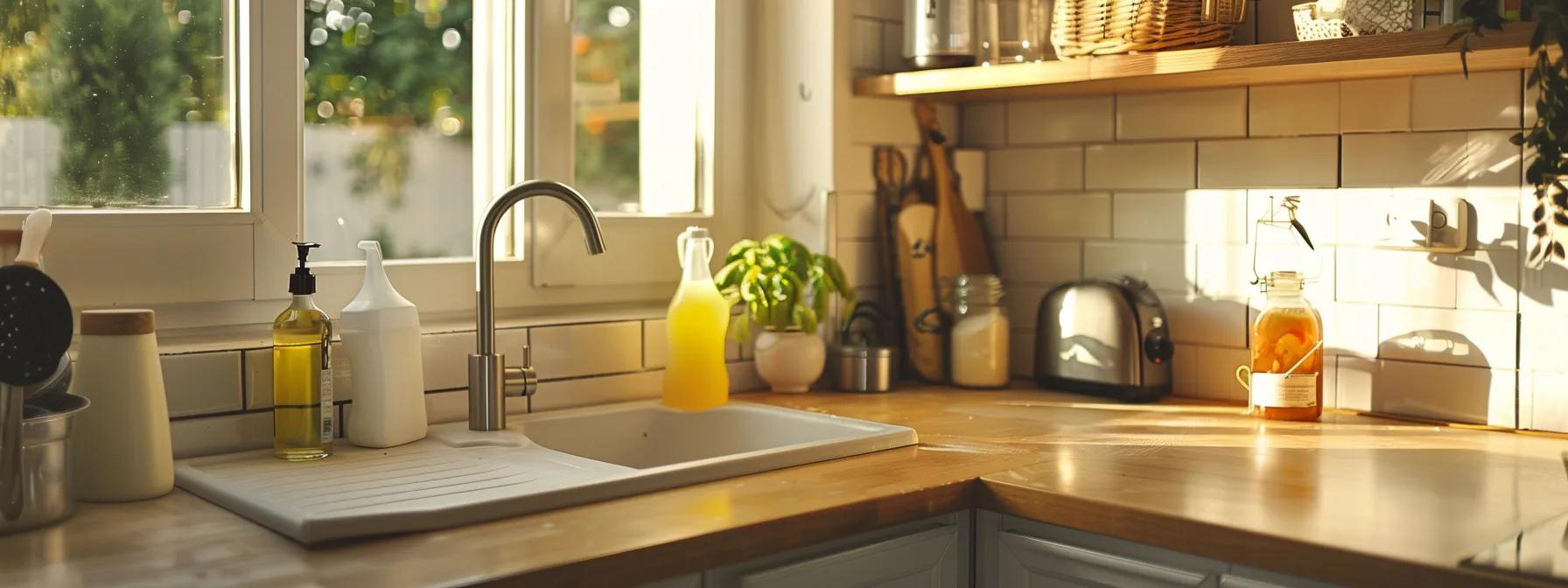 a well-lit, organized kitchen showcasing a homeowner diligently cleaning surfaces and sealing gaps, with pest control supplies visibly prepared for immediate action against identified infestations. a well-lit, organized kitchen showcasing a homeowner diligently cleaning surfaces and sealing gaps, with pest control supplies visibly prepared for immediate action against identified infestations.