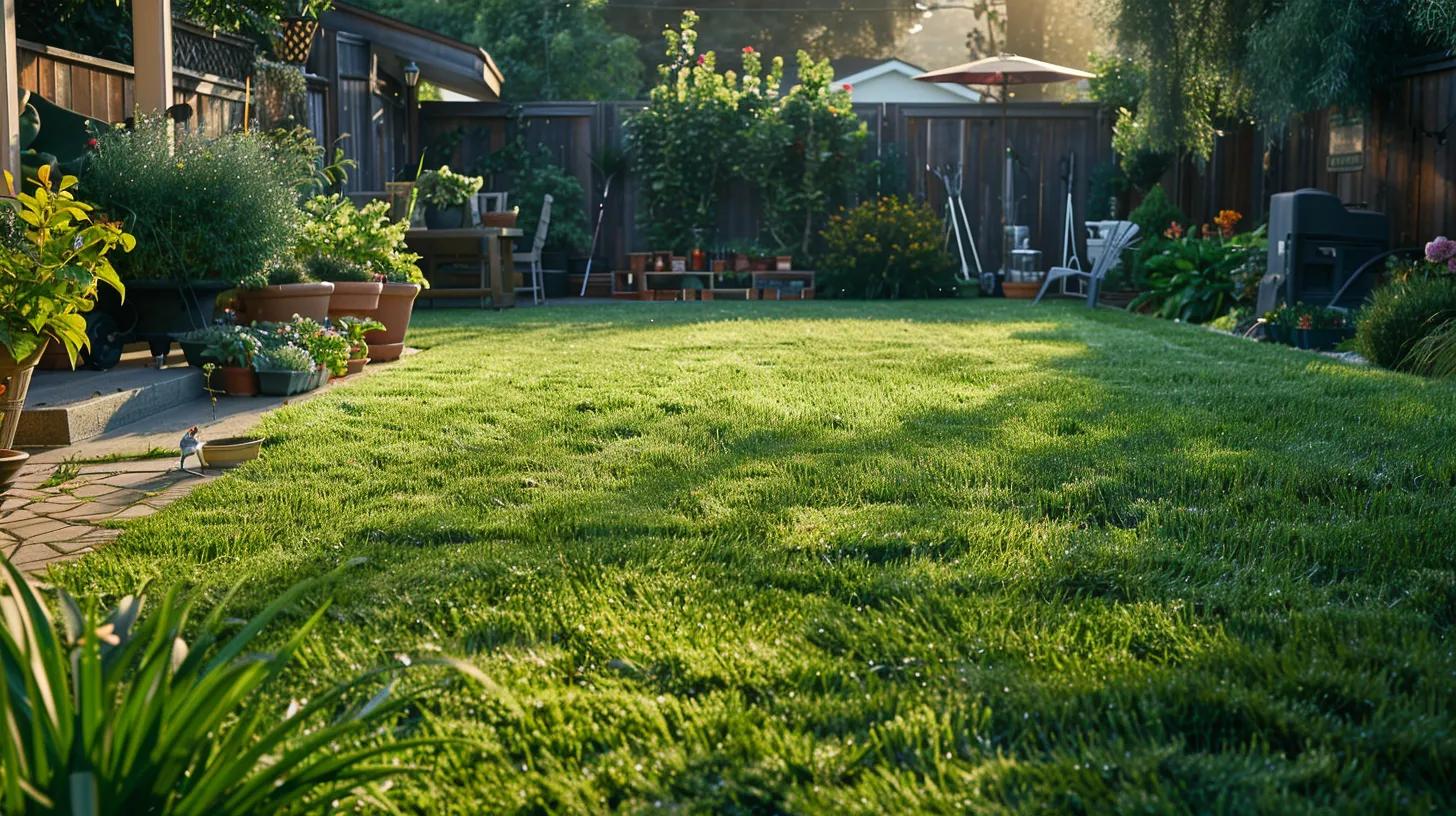 a well-maintained urban lawn in a suburban backyard showcases vibrant, newly overseeded grass thriving amidst neatly arranged landscaping tools and a stylish lawn care setup, illustrating the transformative process of overseeding for enhanced turf resilience. a well-maintained urban lawn in a suburban backyard showcases vibrant, newly overseeded grass thriving amidst neatly arranged landscaping tools and a stylish lawn care setup, illustrating the transformative process of overseeding for enhanced turf resilience.