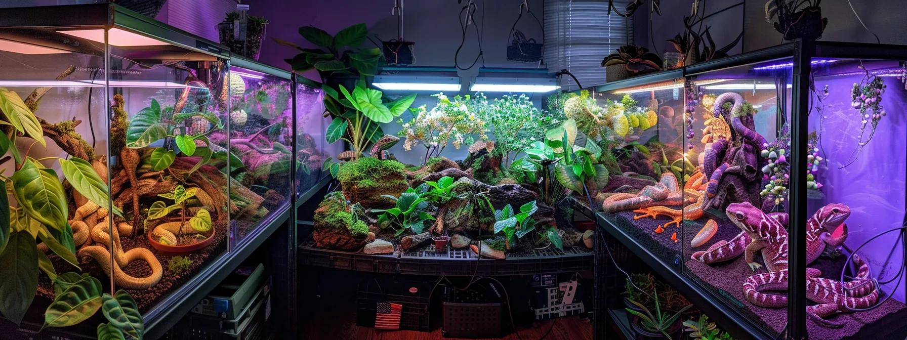 a well-organized reptile care setup showcases a vibrant array of terrariums, each uniquely illuminated with specialized lighting fixtures, highlighting the distinct habitats and needs of various reptiles, from the intense uvb lamps for a bearded dragon to soft led accents for a crested gecko. a well-organized reptile care setup showcases a vibrant array of terrariums, each uniquely illuminated with specialized lighting fixtures, highlighting the distinct habitats and needs of various reptiles, from the intense uvb lamps for a bearded dragon to soft led accents for a crested gecko.