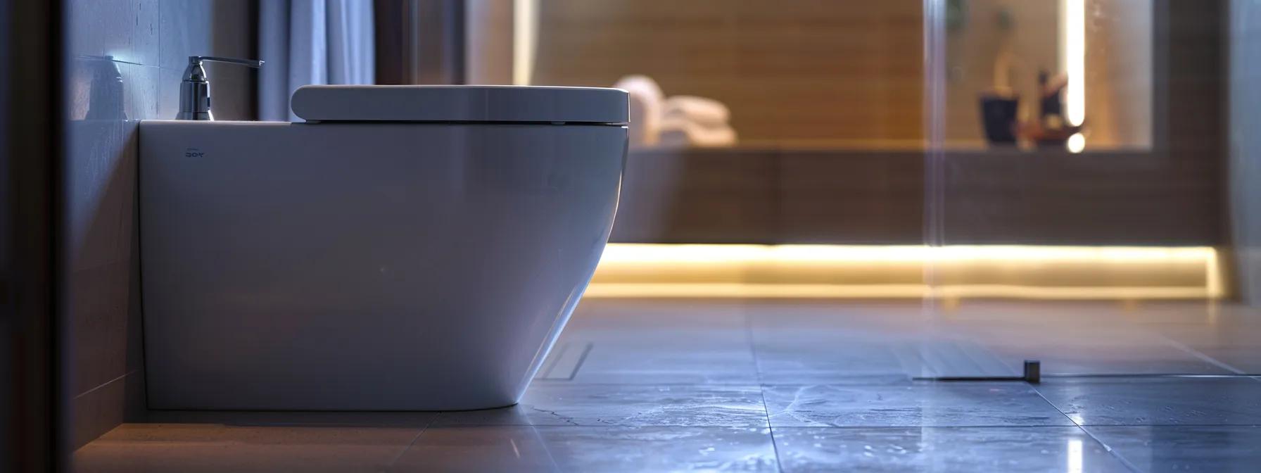 a well-lit, modern bathroom features a dynamic close-up of a stylish, gleaming toilet with a plunging tool prominently displayed, capturing the essence of a quick-fix solution for plumbing emergencies.