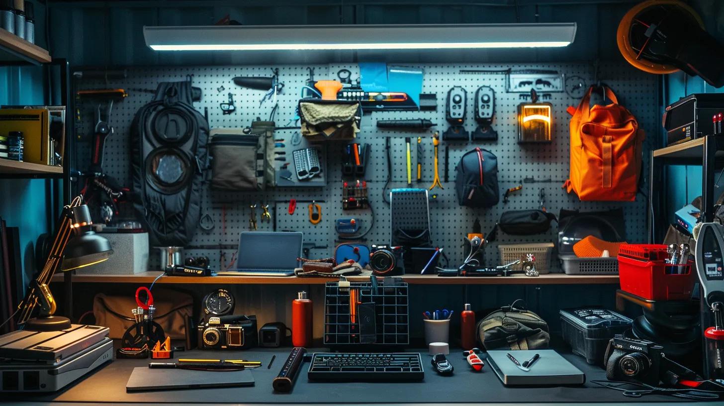 a well-organized emergency preparedness workspace, featuring an array of specialized survival tools and gear displayed prominently on a sleek desk, illuminated by focused overhead lights to highlight their functionality and importance. a well-organized emergency preparedness workspace, featuring an array of specialized survival tools and gear displayed prominently on a sleek desk, illuminated by focused overhead lights to highlight their functionality and importance.