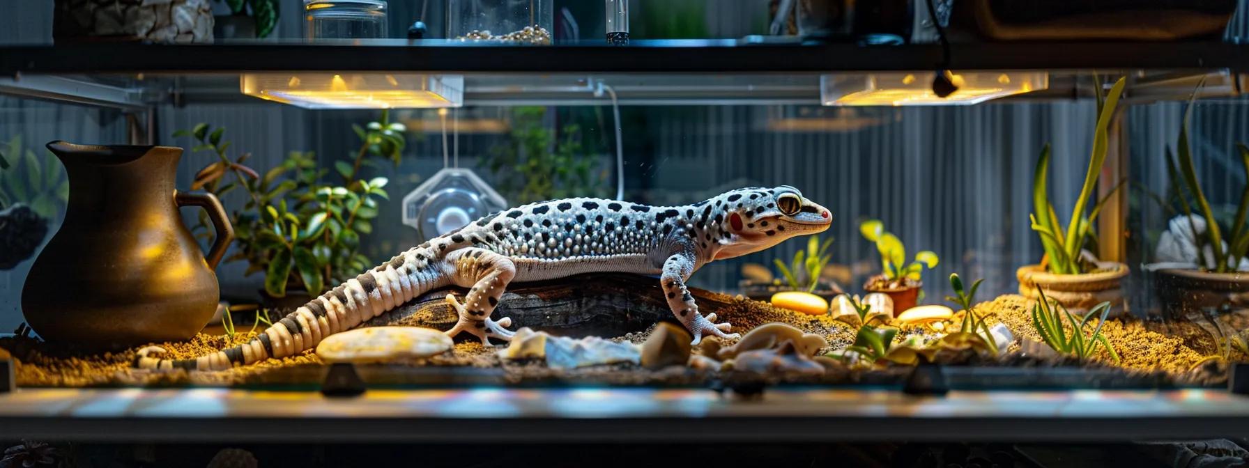 a well-organized, modern reptile care setup featuring a healthy leopard gecko in a glass terrarium, surrounded by a diverse array of nutritious food options and essential supplements, all illuminated by soft, artificial lighting to highlight the gecko's vivid coloration.