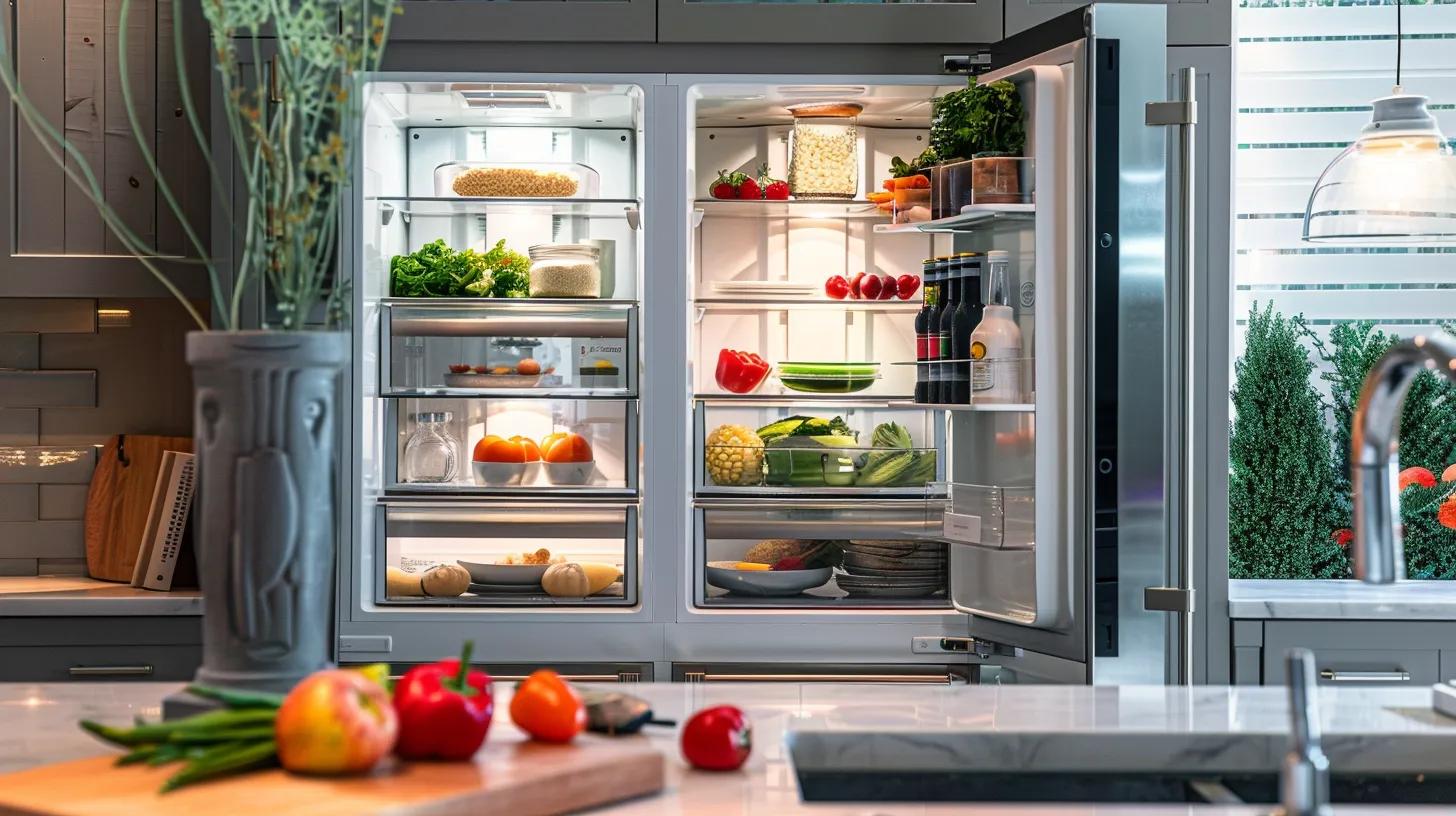 a well-organized, modern kitchen showcases an open refrigerator with neatly arranged, clean shelves, emphasizing the importance of maintaining appliance cleanliness and safety as summer transitions to autumn.