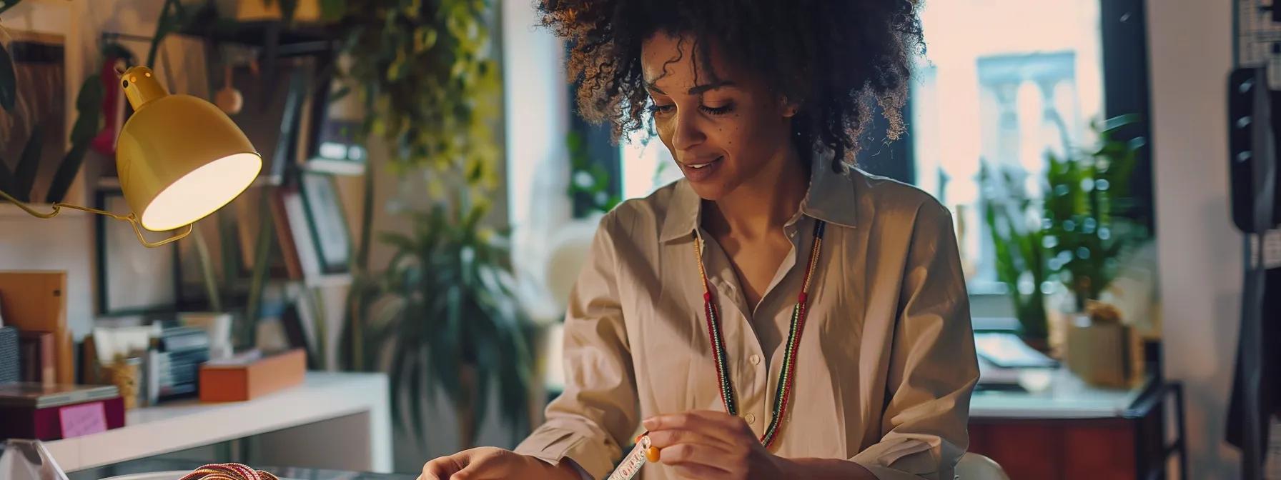a well-lit, stylish home office features an elegant woman measuring necklace lengths using a flexible measuring tape, with strands of colorful string draped over a chic outfit, conveying a sense of personalization and fashion experimentation.