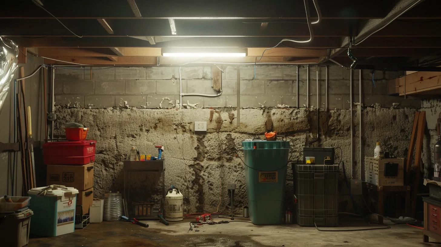 a well-lit basement workspace showcases a homeowner diligently applying waterproofing sealant along the foundation walls, surrounded by tools and supplies, with clear indications of moisture levels highlighted in the background. a well-lit basement workspace showcases a homeowner diligently applying waterproofing sealant along the foundation walls, surrounded by tools and supplies, with clear indications of moisture levels highlighted in the background.