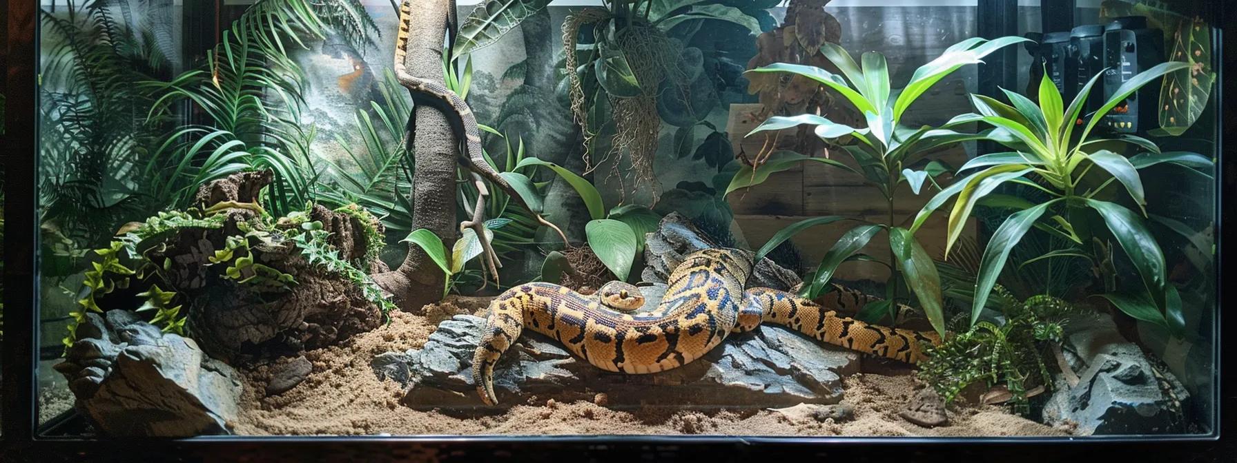 a well-organized corn snake enclosure sits prominently in a modern, sterile vivarium, showcasing strategic placements of secure hides, a clean water dish, and digital temperature monitoring devices, all under soft, artificial lighting that emphasizes the comfortable habitat for the snake. a well-organized corn snake enclosure sits prominently in a modern, sterile vivarium, showcasing strategic placements of secure hides, a clean water dish, and digital temperature monitoring devices, all under soft, artificial lighting that emphasizes the comfortable habitat for the snake.