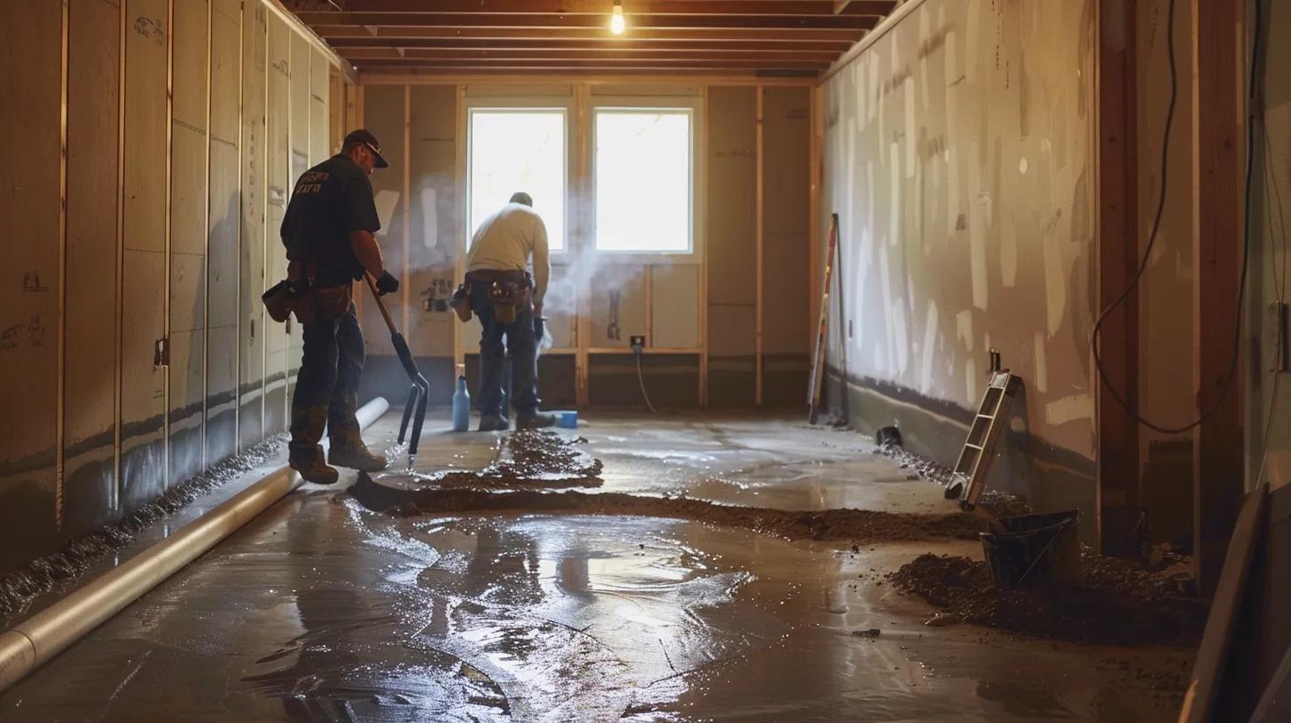 a well-lit residential basement showcases the waterproofing process, featuring exposed concrete walls and flooring, as a contractor in safety gear meticulously applies hydraulic cement to cracks while another installs a french drain, highlighting the commitment to protection against water damage. a well-lit residential basement showcases the waterproofing process, featuring exposed concrete walls and flooring, as a contractor in safety gear meticulously applies hydraulic cement to cracks while another installs a french drain, highlighting the commitment to protection against water damage.