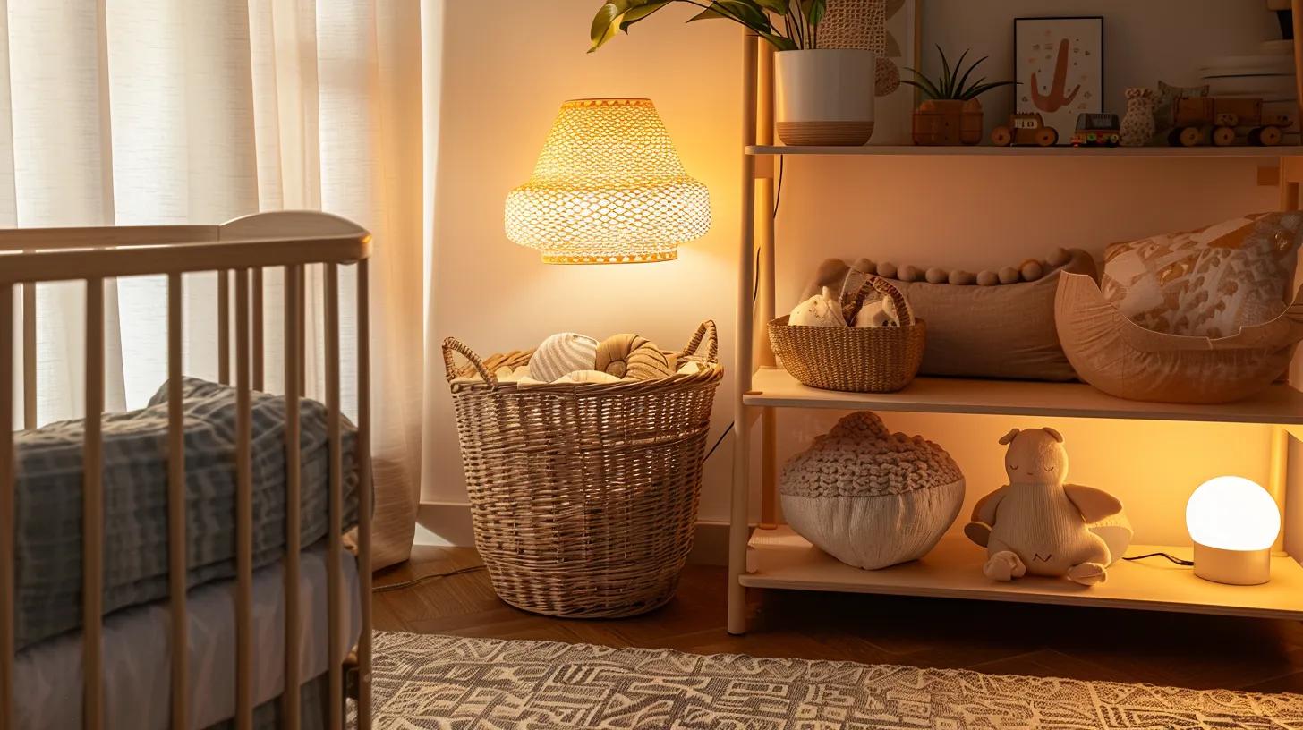 a well-organised and stylish nursery featuring a meticulously cleaned moses basket on a soft, patterned rug, complemented by shelves filled with baby care essentials and a warm, inviting glow from a designer table lamp.