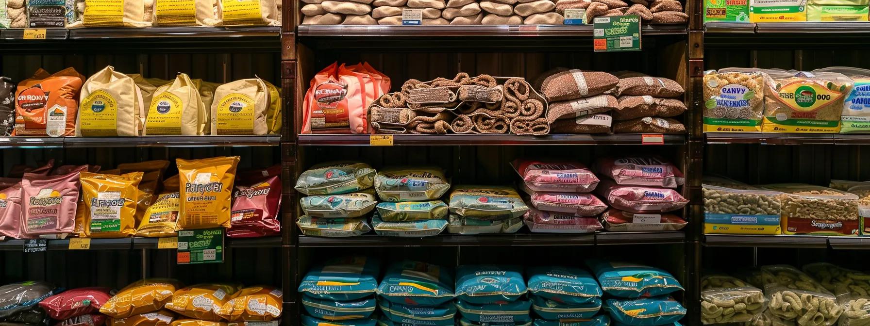 a well-organized pet supply store shelf displays a variety of clearly labeled rawhide treats, emphasizing safety and quality ingredients through vibrant packaging and informative tags, all under bright, focused lighting to highlight the selection.