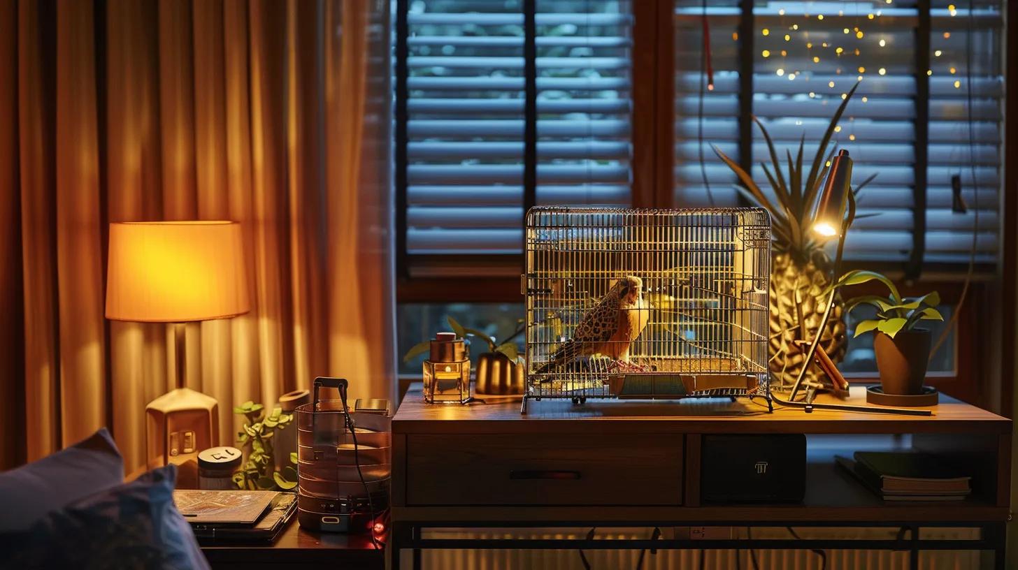 a well-organized, modern home office features a sleek bird cage illuminated with gentle, warm lights, highlighting the installation setup and accessories like timers and diffusers, creating a safe and engaging environment for the pet inside. a well-organized, modern home office features a sleek bird cage illuminated with gentle, warm lights, highlighting the installation setup and accessories like timers and diffusers, creating a safe and engaging environment for the pet inside.