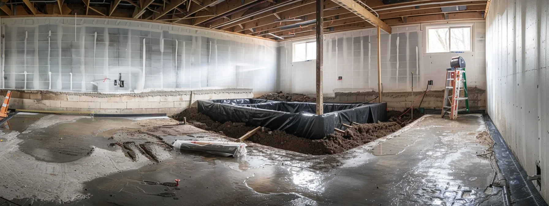 a well-lit residential basement showcases a professional contractor applying waterproofing membranes to the exposed concrete walls while another installs a french drain, emphasizing a clean and organized work environment dedicated to preventing leaks and mold. a well-lit residential basement showcases a professional contractor applying waterproofing membranes to the exposed concrete walls while another installs a french drain, emphasizing a clean and organized work environment dedicated to preventing leaks and mold.