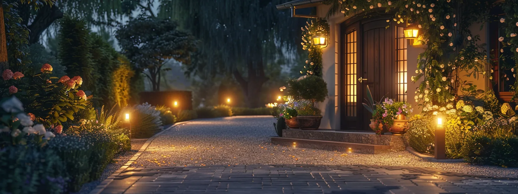 a well-lit driveway adorned with pathway lights, spotlights highlighting lush landscape features, and artistic decor elements creating a captivating entrance at night. a well-lit driveway adorned with pathway lights, spotlights highlighting lush landscape features, and artistic decor elements creating a captivating entrance at night.