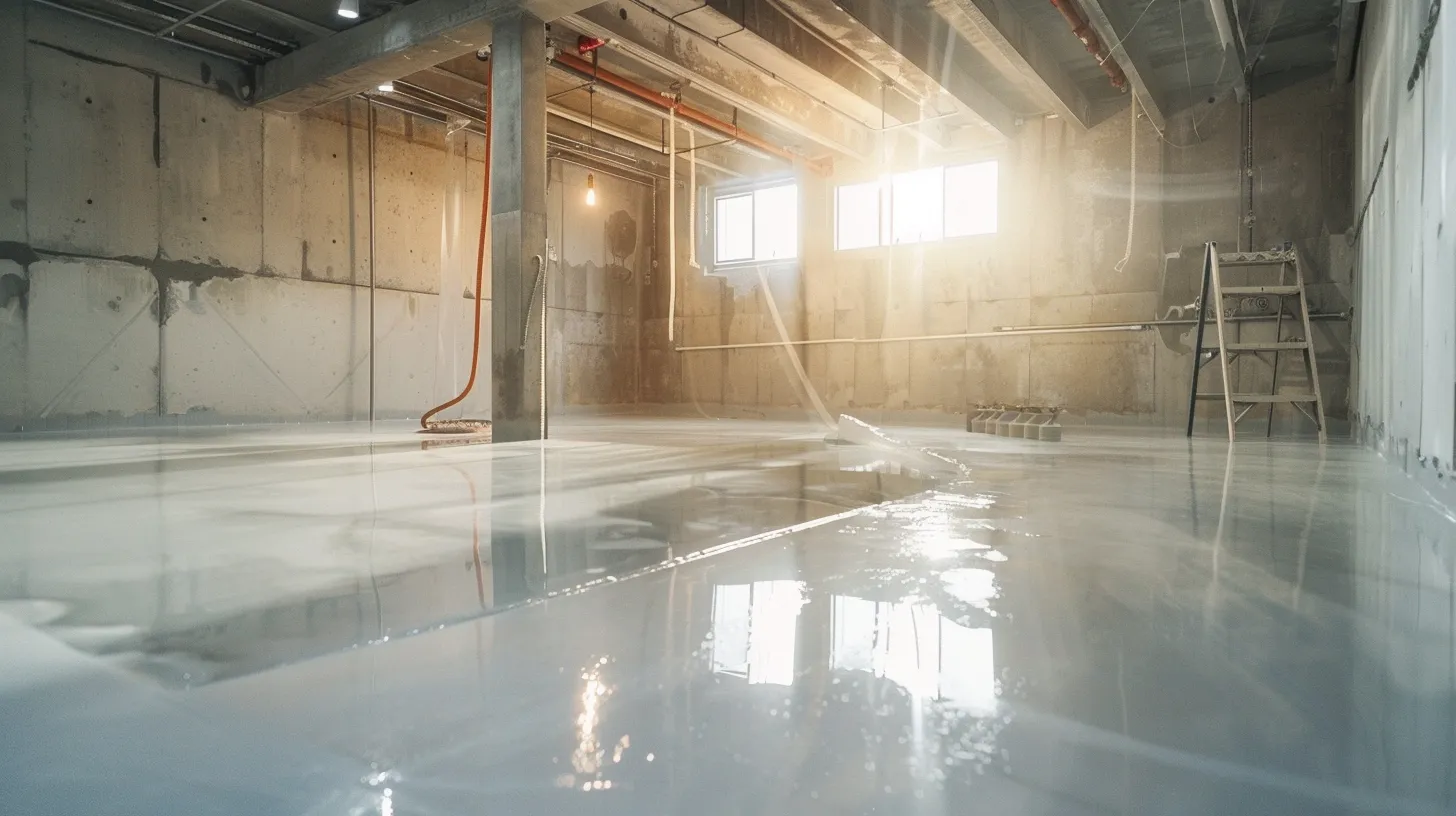 a well-lit basement showcases the waterproofing process, featuring a contractor expertly applying waterproof membranes to exposed concrete walls while a french drain is positioned along the perimeter, highlighting a clean and professional workspace. a well-lit basement showcases the waterproofing process, featuring a contractor expertly applying waterproof membranes to exposed concrete walls while a french drain is positioned along the perimeter, highlighting a clean and professional workspace.