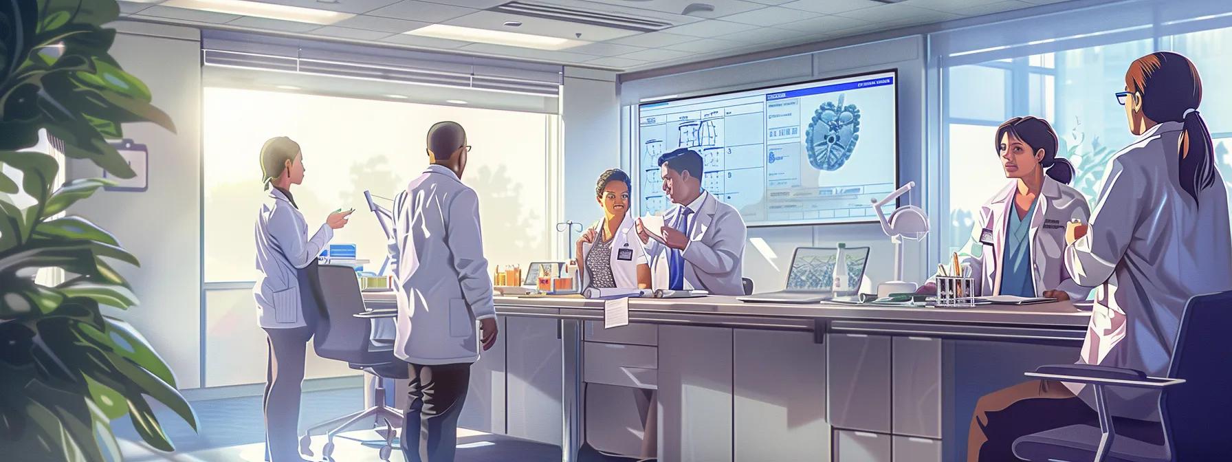 a well-lit, modern office space showcases a diverse group of healthcare professionals gathered around a sleek conference table, intently discussing and analyzing charts showing food allergy test results, emphasizing the importance of interpretation and management strategies.