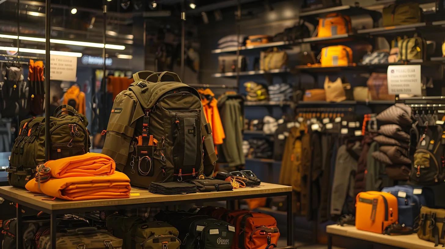 a well-organized survival gear display in a modern indoor retail environment, showcasing sleek and rugged bug out bags alongside essential tools, with informative signage highlighting expert advice for preparedness. a well-organized survival gear display in a modern indoor retail environment, showcasing sleek and rugged bug out bags alongside essential tools, with informative signage highlighting expert advice for preparedness.