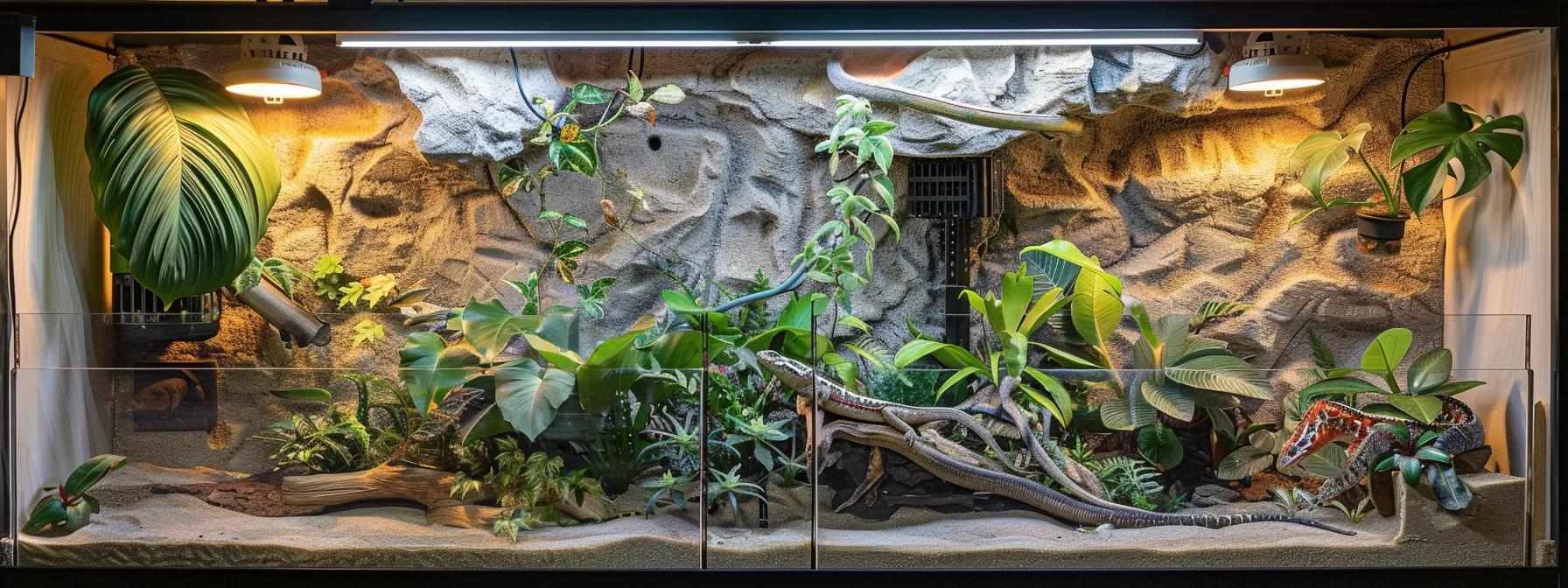 a well-organized reptile habitat in a modern vivarium, featuring a combination of sleek heat lamps and heat mats under a thoughtfully designed backdrop, emphasizing the thermal gradient and essential accessories for optimal reptile care. a well-organized reptile habitat in a modern vivarium, featuring a combination of sleek heat lamps and heat mats under a thoughtfully designed backdrop, emphasizing the thermal gradient and essential accessories for optimal reptile care.