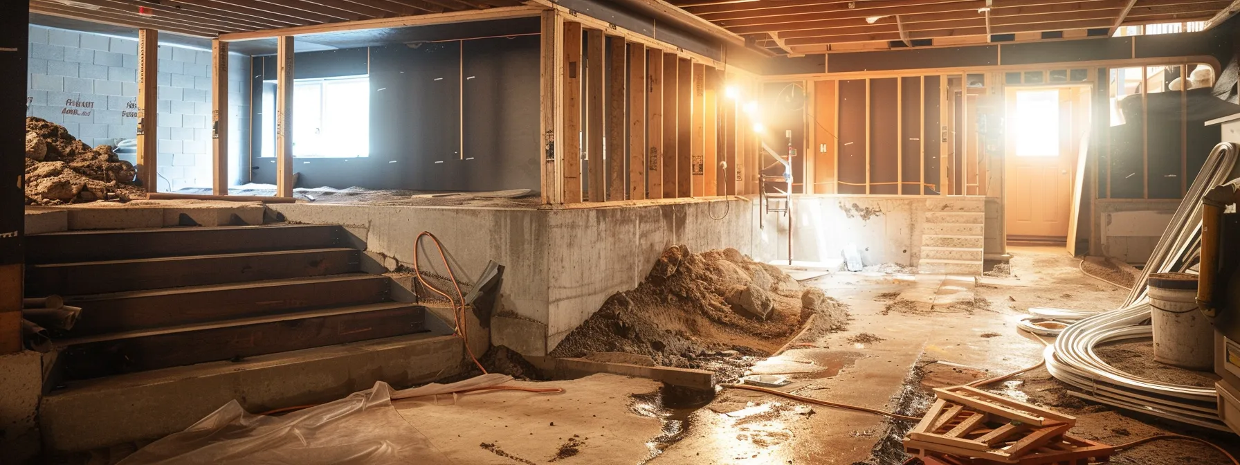 a well-lit basement showcases a professional waterproofing process, featuring exposed concrete walls as contractors apply waterproofing membranes and install a french drain, emphasizing the thorough and tailored approach to ensuring a dry and secure home. a well-lit basement showcases a professional waterproofing process, featuring exposed concrete walls as contractors apply waterproofing membranes and install a french drain, emphasizing the thorough and tailored approach to ensuring a dry and secure home.