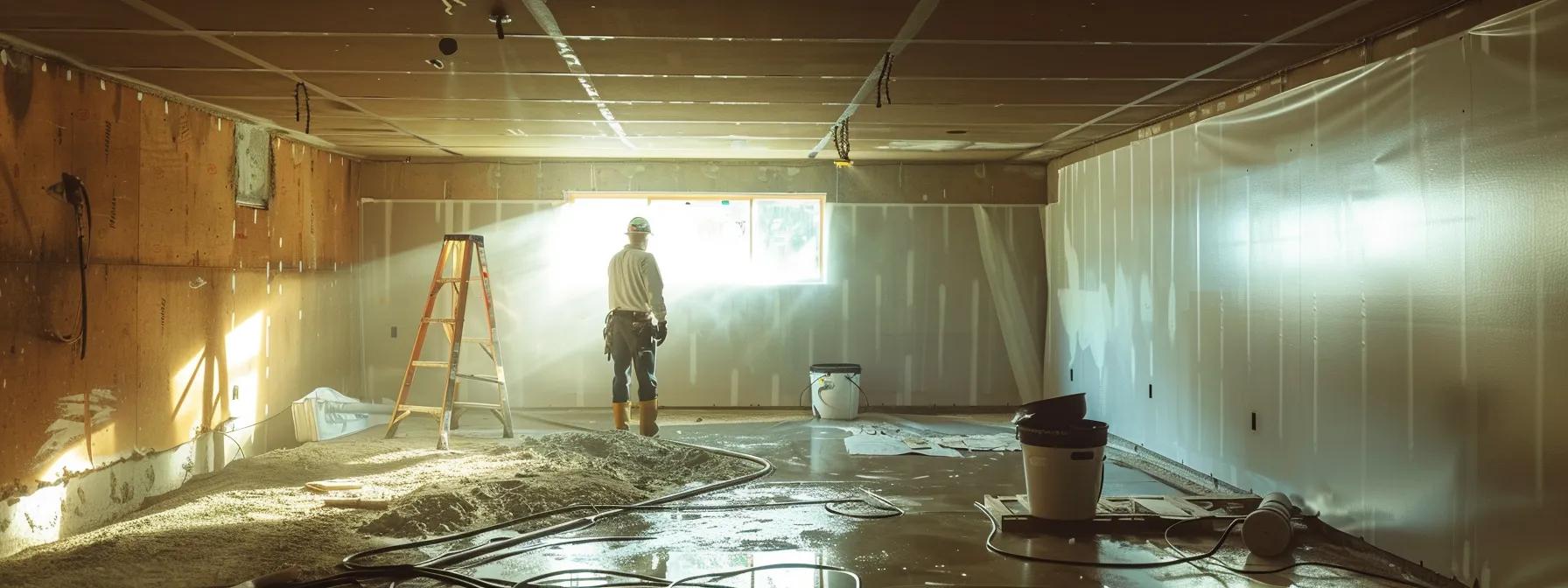 a well-lit basement scene showcases a contractor in safety gear applying waterproofing membranes to exposed concrete walls while a second contractor installs a french drain, emphasizing the practical application of diy waterproofing solutions in a clean and professional workspace. a well-lit basement scene showcases a contractor in safety gear applying waterproofing membranes to exposed concrete walls while a second contractor installs a french drain, emphasizing the practical application of diy waterproofing solutions in a clean and professional workspace.