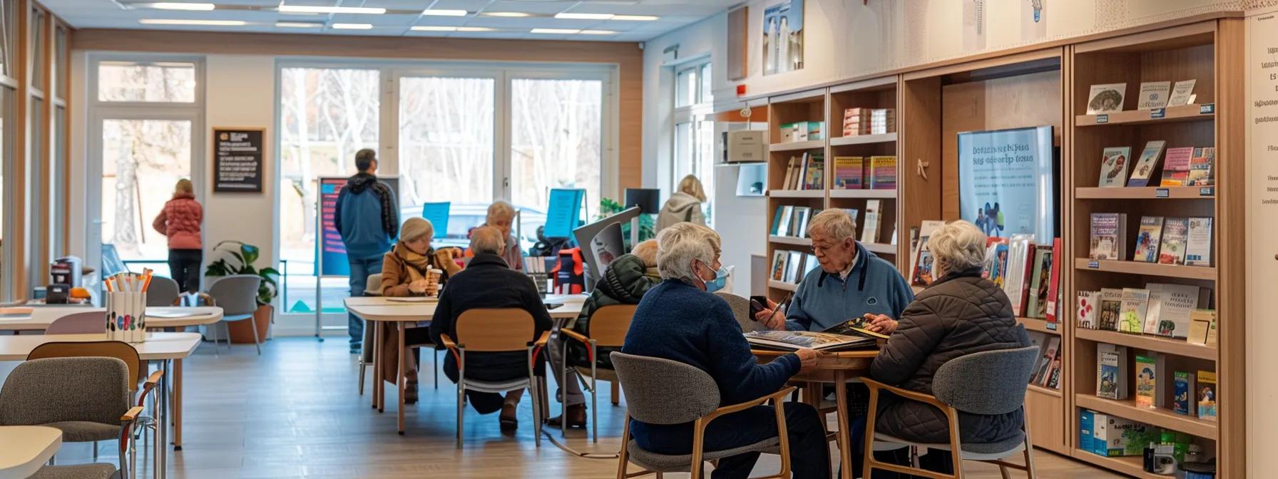 a well-organized office space features a diverse group of seniors engaging in a medicare educational workshop, surrounded by informative brochures and digital displays, exuding a sense of support and empowerment.