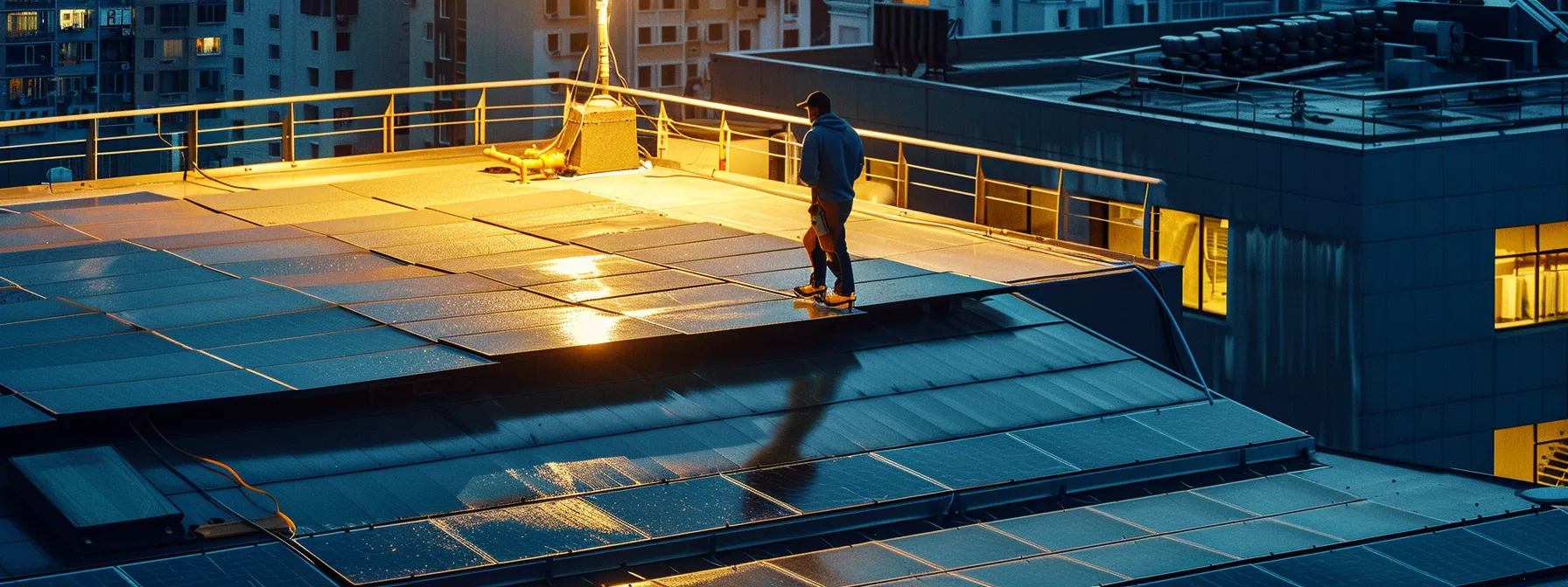 a well-equipped roofing contractor inspects a partially completed roof atop a modern urban building, showcasing various roofing materials like tiles and solar panels under bright artificial lights for a professional ambiance. a well-equipped roofing contractor inspects a partially completed roof atop a modern urban building, showcasing various roofing materials like tiles and solar panels under bright artificial lights for a professional ambiance.