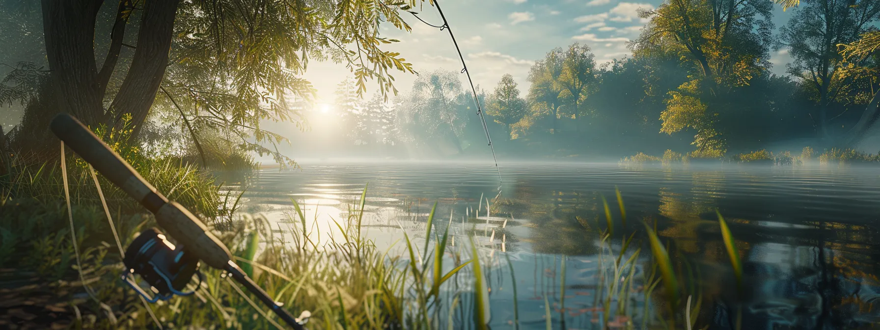 a well-maintained fishing rod made of high-quality material gleaming under the sunlight by a serene lake. a well-maintained fishing rod made of high-quality material gleaming under the sunlight by a serene lake.